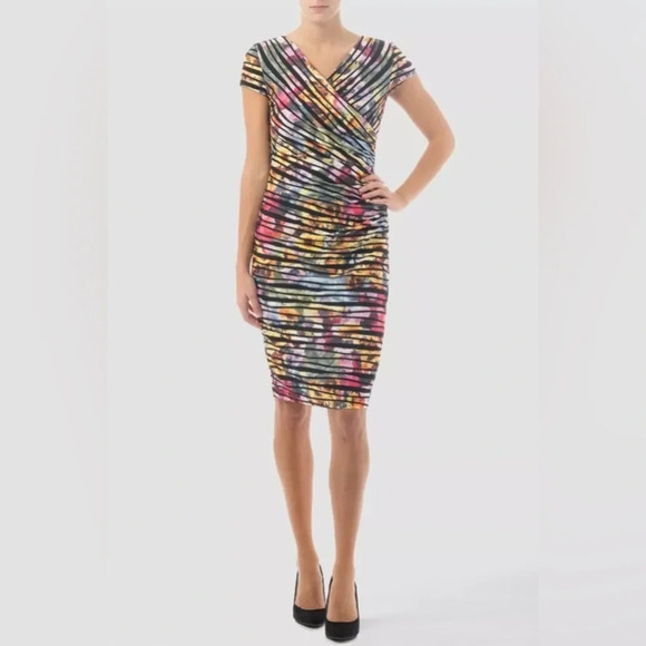 JOSEPH RIBKOFF 12 rainbow stripe wrap look stretch midi dress $259 - Picture 2 of 10